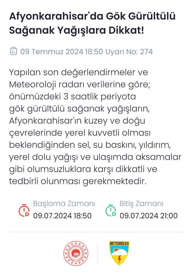 Afyonkarahisar'da Meteorolojik Uyarı: Gök Gürültülü Sağanak Yağışlar Etkili Olacak