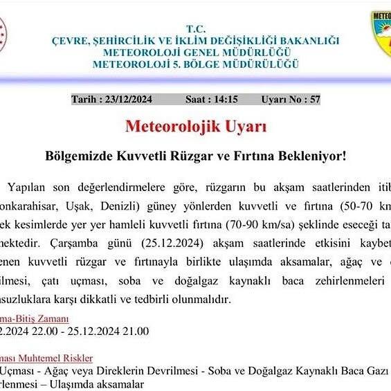 Kuvvetli Rüzgar ve Fırtına Afyonkarahisar'ın Kapısında!