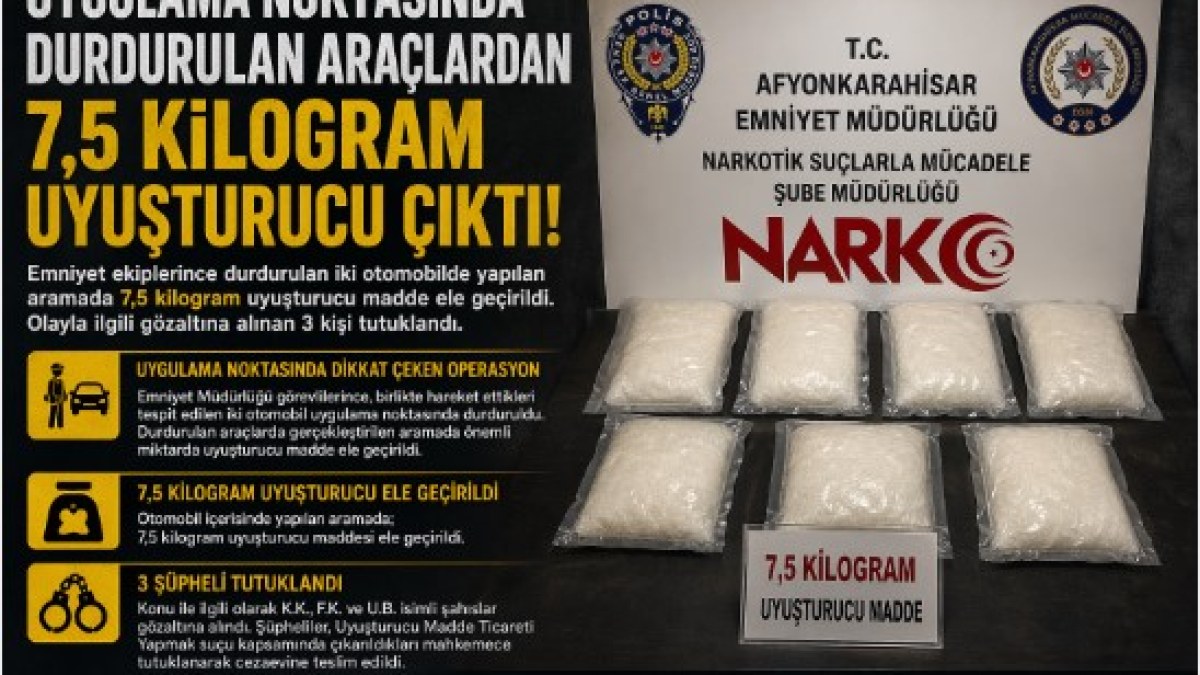 Uygulama Noktasında Durdurulan Araçlardan 7,5 Kilogram Uyuşturucu Çıktı